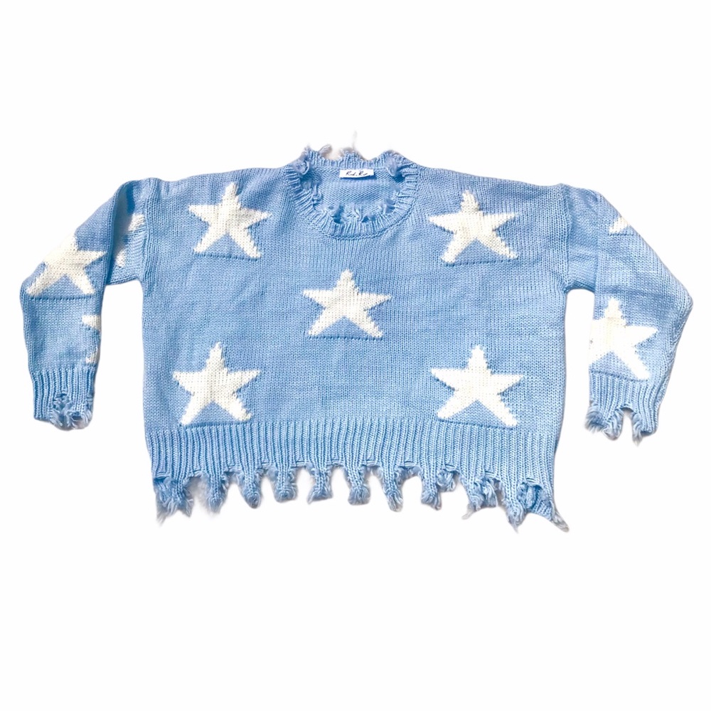 Cute pastel blue kawaii fringe sweater with stars